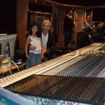 Chris and daughter Lisa behind the Neve console at AIR Studios, while engineer Nick Wollage looks on